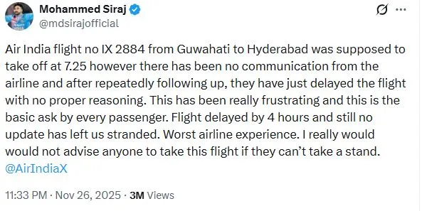 Siraj hits out at Air India Express